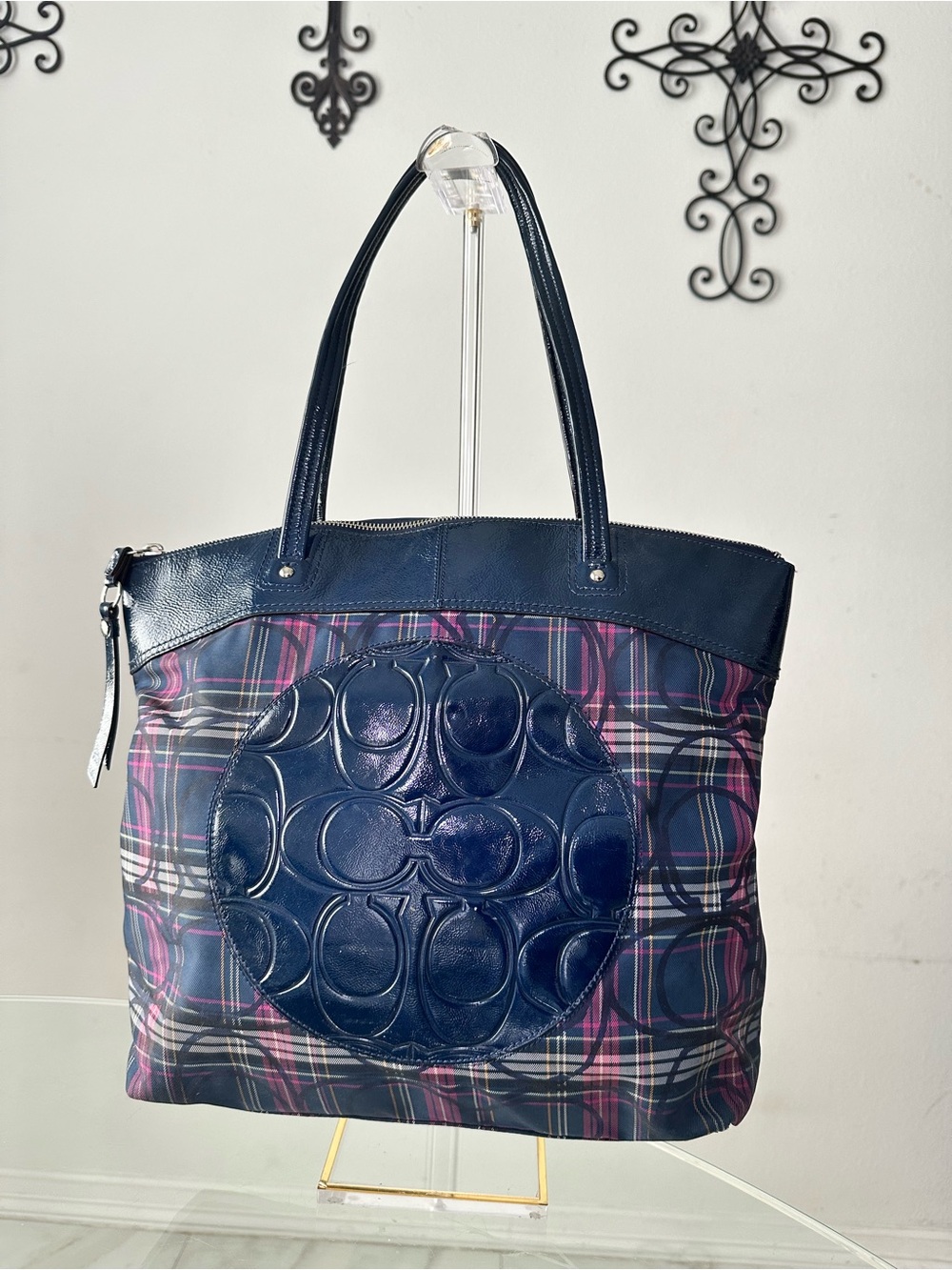 Coach poppy tartan royal blue holiday Laura shopper carryall tote bag